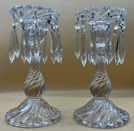 Fostoria Cut Glass Candleholders With 10 Prisms Hanging On Each
