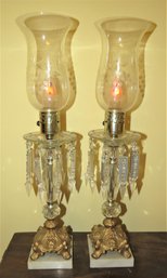 Hurricane Lamps, Brass, Marble  - Set Of 2 - Vintage