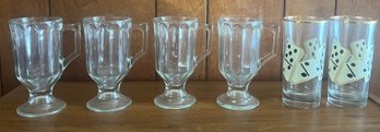 Indiana Glass Irish Coffee Mugs & Mid Century Highball Domino Print Glasses - 6 Pieces