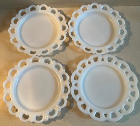 Milk Glass Lattice Trim Plates- 4 Pieces