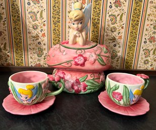 Disney Tinkerbell Porcelain Teacups And Saucers And Ceramic Cookie Jar, 5 Piece Lot