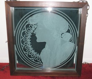 Frosted Etched Glass Woman Silhouette Wood Framed Wall Hanging With Chains