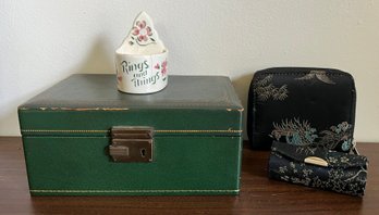 Green Vinyl Jewelry Box, Porcelain Ring Holder, Chinese Floral Wallet & Lipstick Holder - 4 Pieces