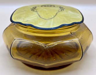 Amber Glass Vanity Powder Jar With Celluloid Bakelite Lid