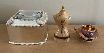 Limoges France Mannequin & Teacup Trinket Box & Mirrored Trinket Box - 3 Pieces