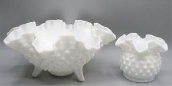 Hobnail Footed Ruffle Top Milk Glass Bowl & Small Ruffle Top Bowl - Lot Of 2