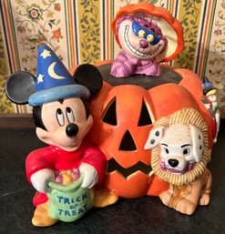 Disney Halloween Pumpkin Sorcerer Mickey And Cheshire Cat Ceramic Cookie Jar