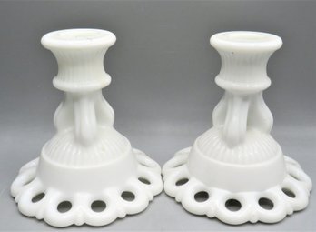 Milk Glass Candlestick Holders - Set Of 2/vintage