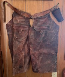 Vintage 1940s Western Frazier Chaps With Hand Tooled Leather Holster - 2 Pieces