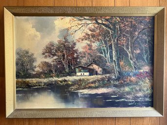 Lewis Artist Signed Cottage On The Lake Painting