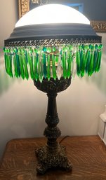 Vintage Art Deco Bronze Table Lamp With Green Glass Prism Shade