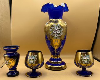 Hand-Painted Highly Enameled Gilded Vase , Cognac Snifters , Bud Vase