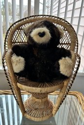 Wicker Fan Back Rattan Doll/plant Stand Small Peacock Chair With Brown Teddy Bear