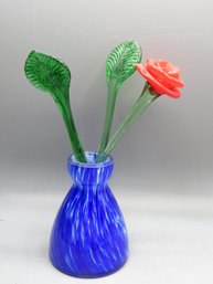Blue Glass Vase With Rose & 2 Leaf Pics