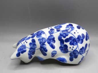 Cat Shelf Edge Ceramic Figurine With Floral Blue Design