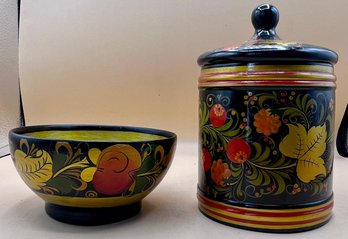 Handpainted Russian Canister & Bowl