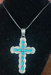 Sterling Silver Navajo Turquoise Cross Pendant/chain - 0.67 OZT