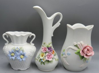 Floral Vases & Pitcher - Lot Of 3 - Vintage
