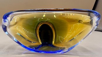Chibska Czech Amber & Blue Glass Ashtray Bowl