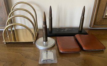 MCM Brass Napkin Holder, Decorative Bullet Book End, Bullet Lighter, Cigar Pouch & Lucky Strike Lighter -6 Pcs