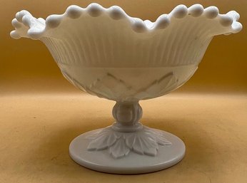 Milk Glass Footed Epergne / Candle Bowl With Leaf Pattern