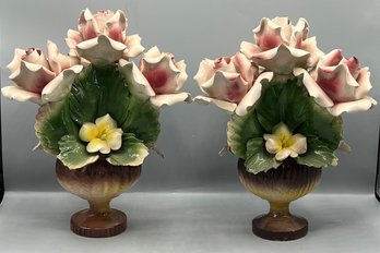 Porcelain Floral Basket Figurines - 2 Pieces