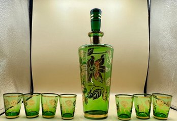 Czech Whiskey Decanter With 7 Glasses Green & Gold Bohemia Murmac Barware