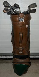 Ron Miller Leather Golf Bag & 13 Assorted Golf Clubs