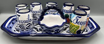 Talavera Mexican Tequila Shot Glasses With Basket & Tray - 9 Pieces