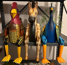 Pier 1 Rooster, Peacock & Zebra Hand Painted Wood Shelf Sitters- 3 Pieces