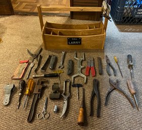 Wooden Tool Box With Assorted Hand Tools