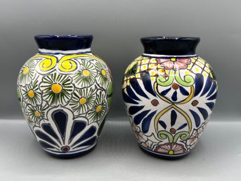Mexican Hand Painted Ceramic Vases - 2 Pieces