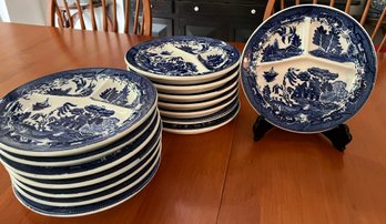 Moriyama Made In Japan Sectioned Blue & White Dinner Plates- 15 Pieces