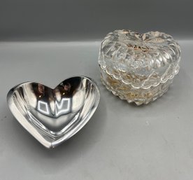 Nambe Amore Small Heart Shaped Bowl & Glass Heart Shaped Trinket Box - 2 Pieces