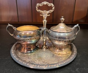 Silver On Copper Tray With Creamer & Sugar Bowl - 3 Pieces