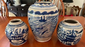 Blue & White Chinese Hand Painted Ceramic Vases Of Assorted Sizes- 3 Pieces