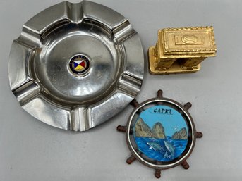 S.s. Iberia Stainless Steel Ashtray, Capri Souvenir Magnet, French Spelter Alloy Gold Statue Of Arc De Triomph