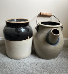 Antique Stoneware Crock Lot- 2 Pieces