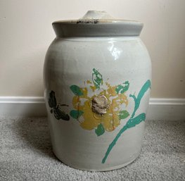 Antique Hand Painted Stoneware Crock With Lid