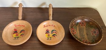 Wood Rooster Hand Painted Snack Bowls And Norwegian Folk Art Hand Painted Bowl - 3 Pieces