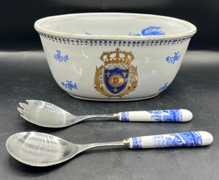 Spode Blue Italian Salad Server Set & Porcelain Chateau De Versailles Oriental Vase - 3 Pieces