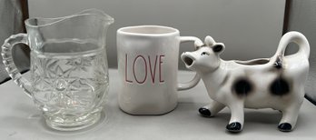 Pressed Glass Pitcher, Love Rae Dunn Mug, Cow Creamer Bowl - 3 Piece Lot