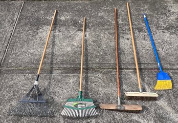 Rakes & Brooms Assorted Lot Of 5 Pieces