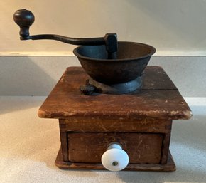 Antique Coffee Grinder With Wood Base