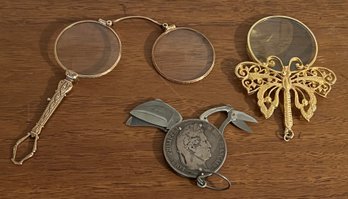 Vintage Folding Glasses, 1839 French 5 Francs Three Bladed Utility Tool & Butterfly Magnifying Pendant - 3pcs
