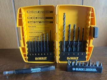 DeWalt 13 PC Drill Bit Set, Makita Magnetic Finder/Driver & Black & Decker Bit Holder With Bits - 3 Piece Lot