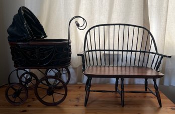 Antique Babydoll Pram & Wooden Doll Bench - 2 Pieces