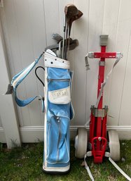 Assorted Golf Clubs With Masters Golf Bag & Wilson Push Up Caddy