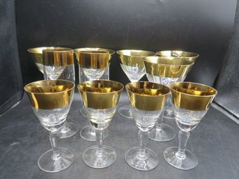 Glasses With Gold Tone Rims: Champagne Glasses , Wine Glasses & Cordial Glasses - Assorted Lot Of 11 - Vintage