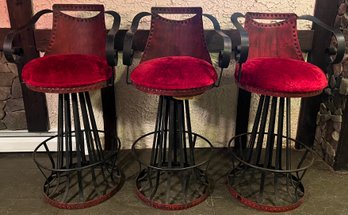 Metal Swivel Red Velvet Bar Stools - 3 Piece Lot